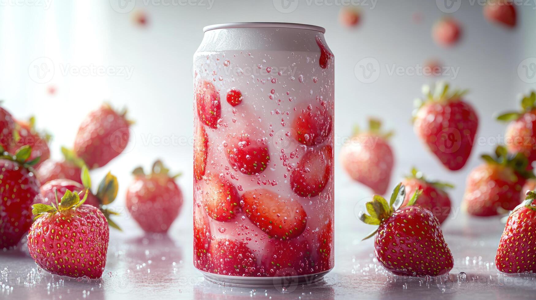 Bubbles dance around a can of soda amidst vibrant, juicy strawberries photo