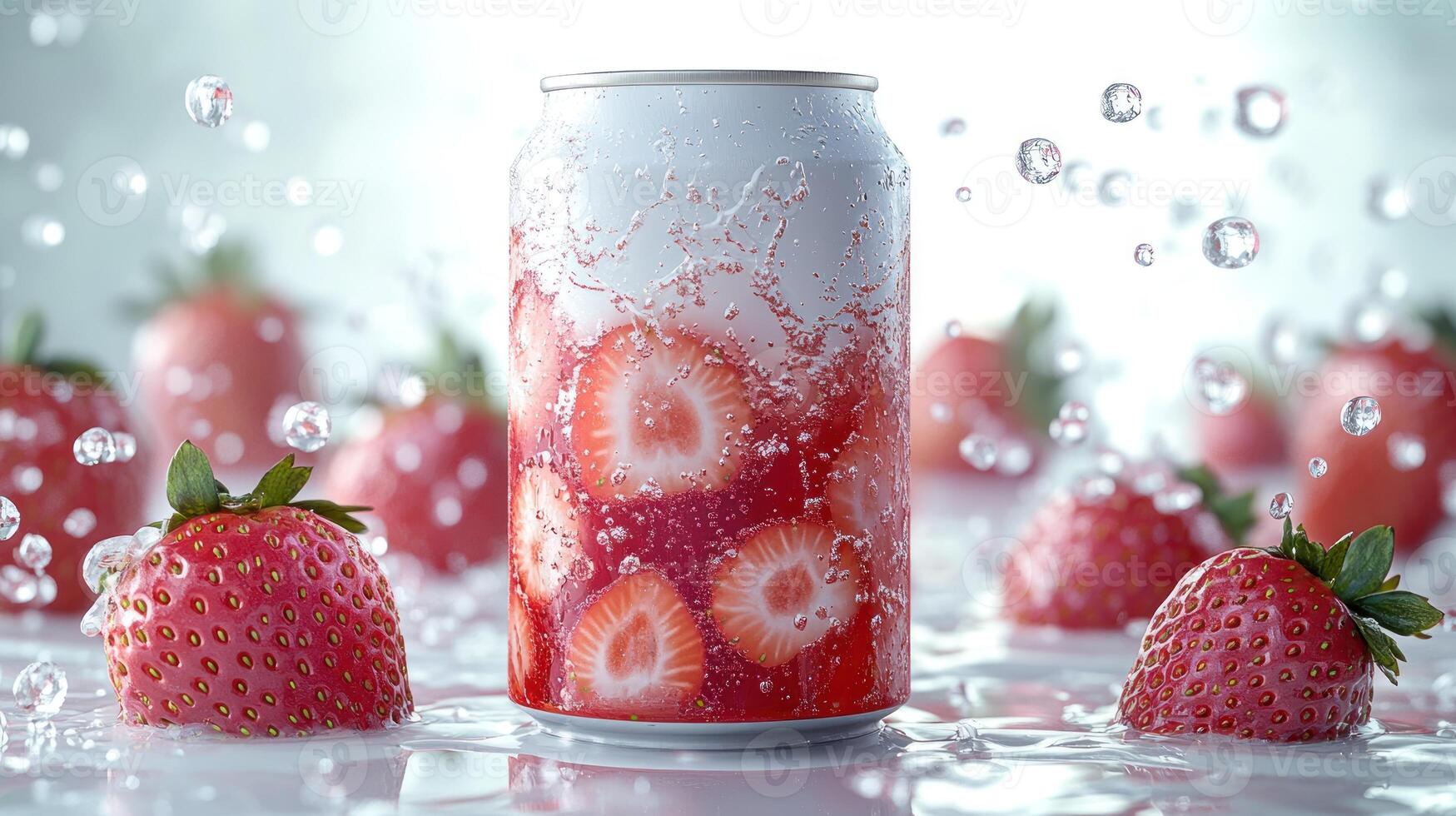Bubbles rise around a chilled can, entwined with fresh strawberries on a vibrant backdrop photo