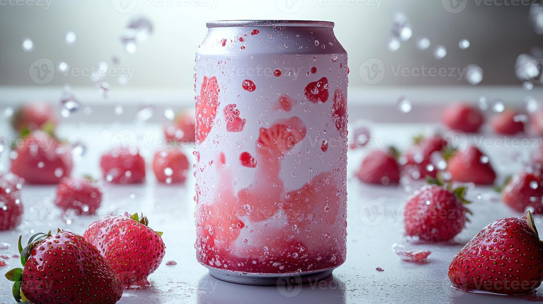 A frosty can stands amidst juicy strawberries, sparkling with refreshing droplets photo