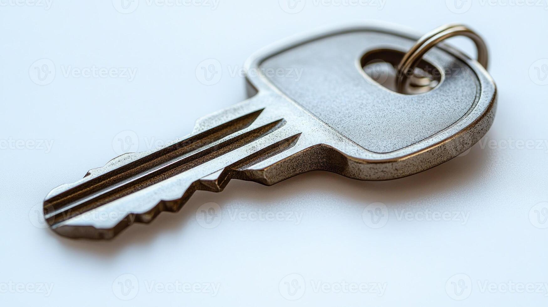 A solitary metal key lies peacefully on a clean surface, reflecting soft morning light photo