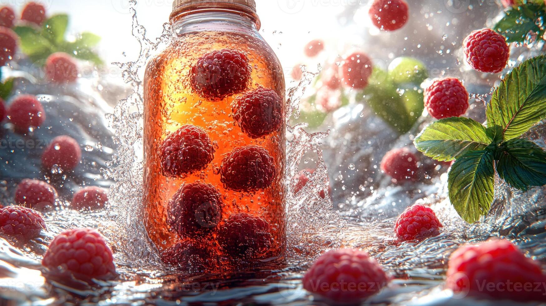 Raspberries dance in effervescent water against a backdrop of vibrant foliage photo