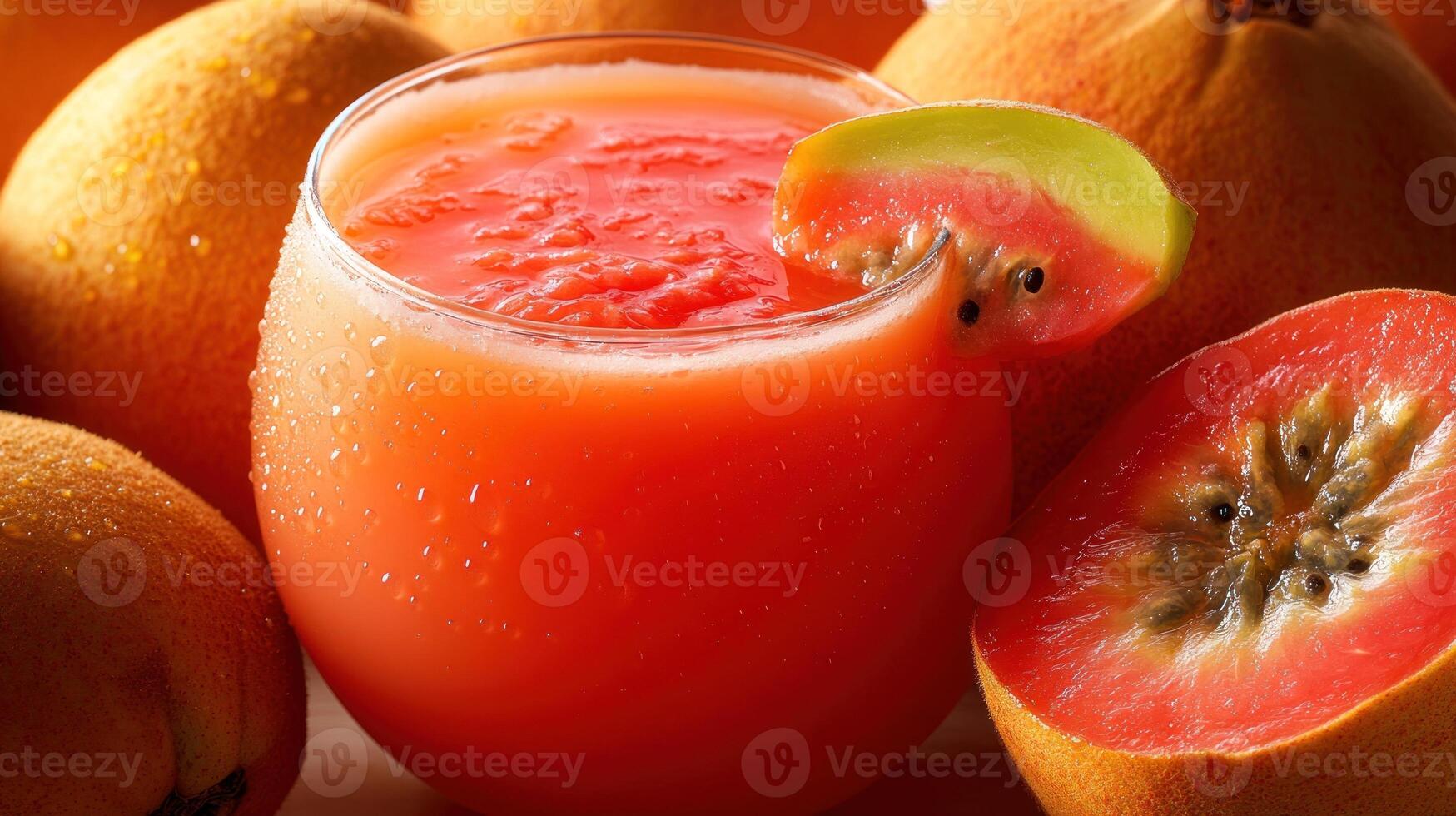 A vibrant glass of guava juice is nestled among fresh, ripe guavas photo