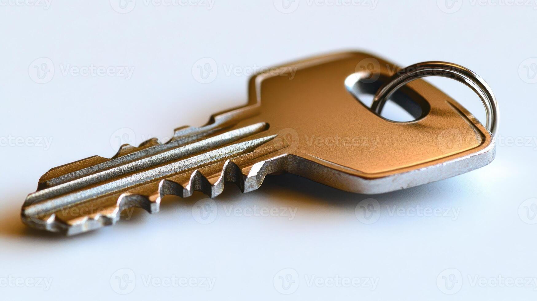 A shiny metallic key glimmers under bright light, revealing its fine details photo