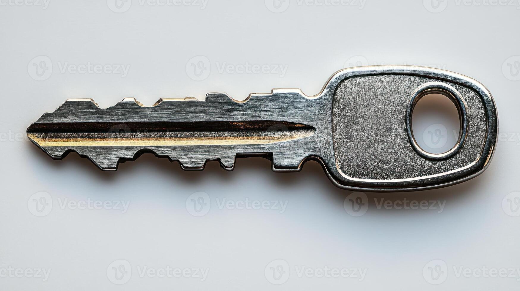 Close-up of a shiny metal key on a light background, showcasing reflections photo