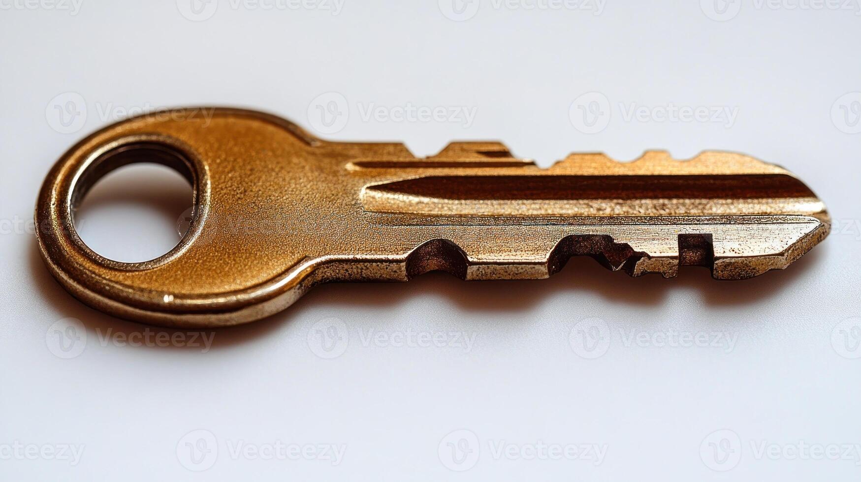 This brass key shines brightly on a clean white background, inviting curiosity photo