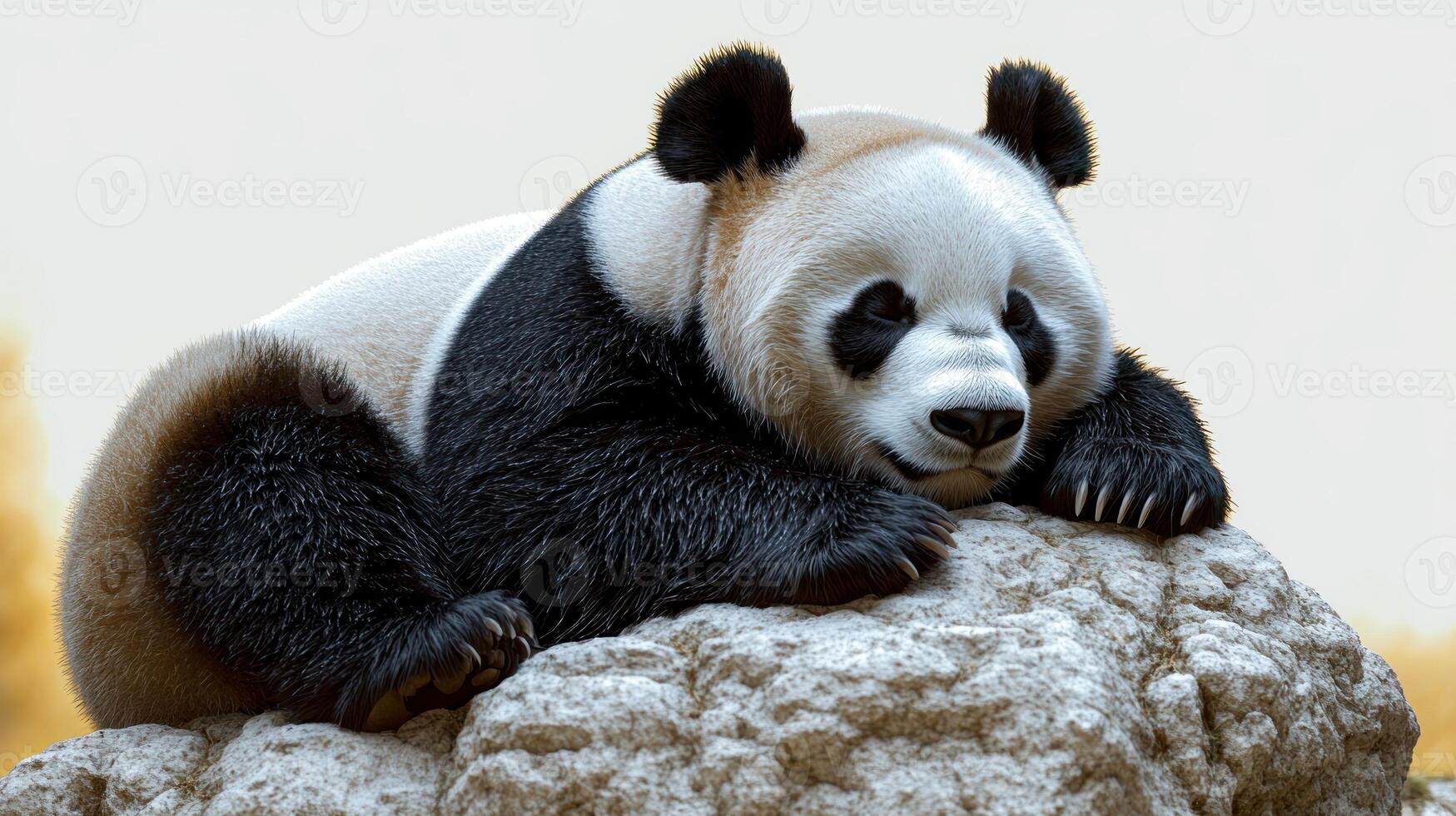 The giant panda lounges comfortably on a stone, enjoying a peaceful moment outdoors photo