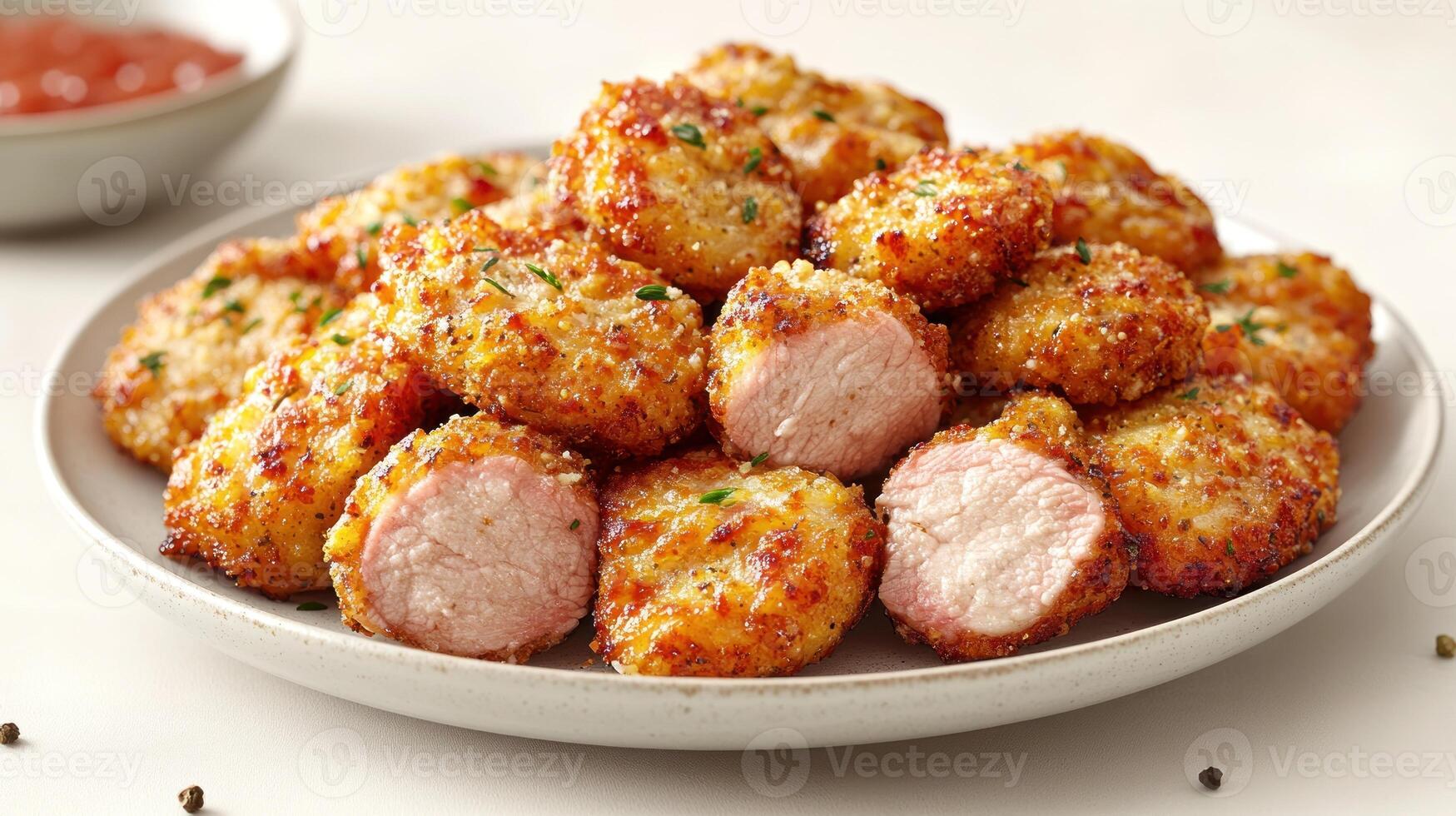 Crispy chicken nuggets piled high, ready to be dipped in a savory sauce and enjoyed photo