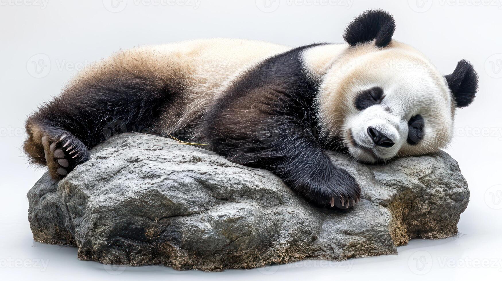 A giant panda relaxes comfortably on a rock while enjoying a moment of rest photo