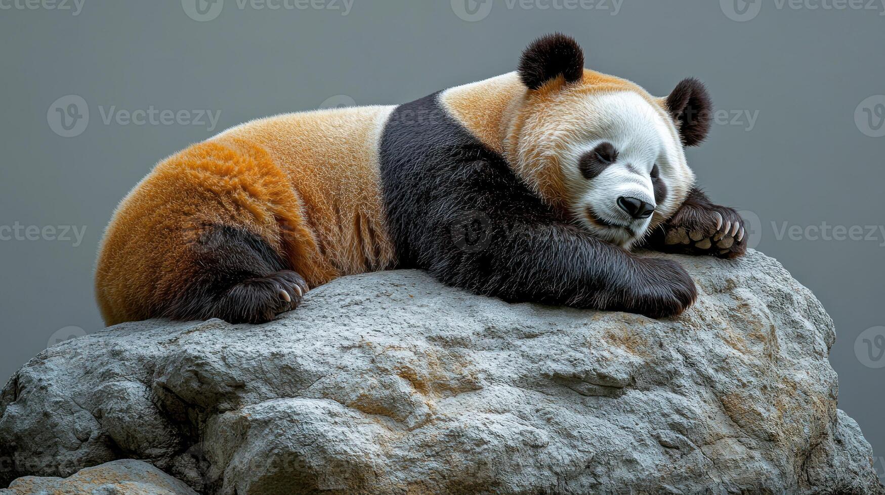 The calm panda relaxes on a stone, enjoying the serenity of its sanctuary photo