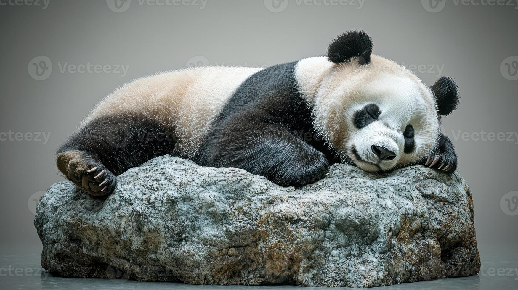 The gentle panda lies on a stone, enjoying a moment of calm in its peaceful surroundings photo