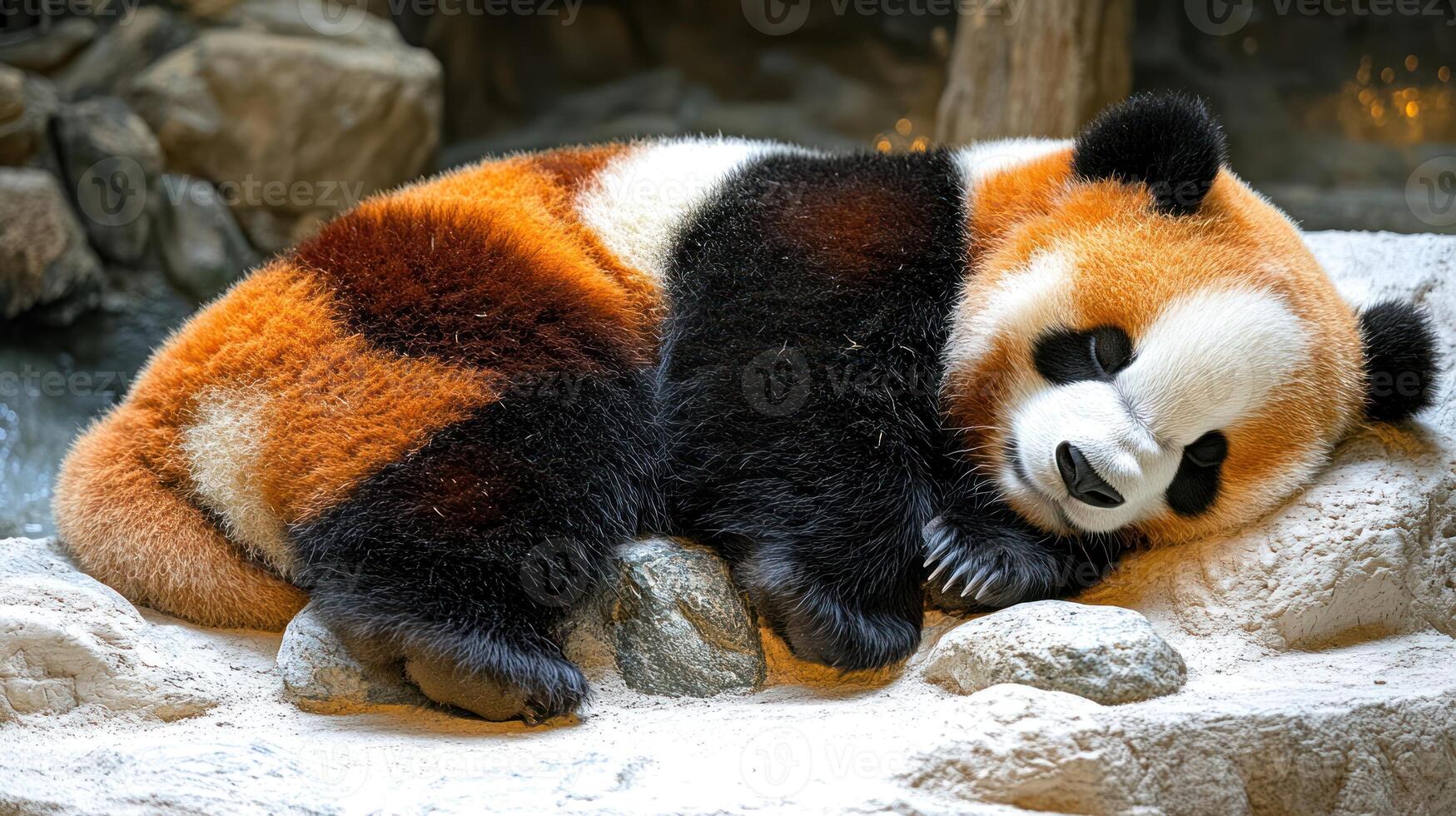 The charming panda relaxes peacefully on warm stones near a tranquil waterway photo