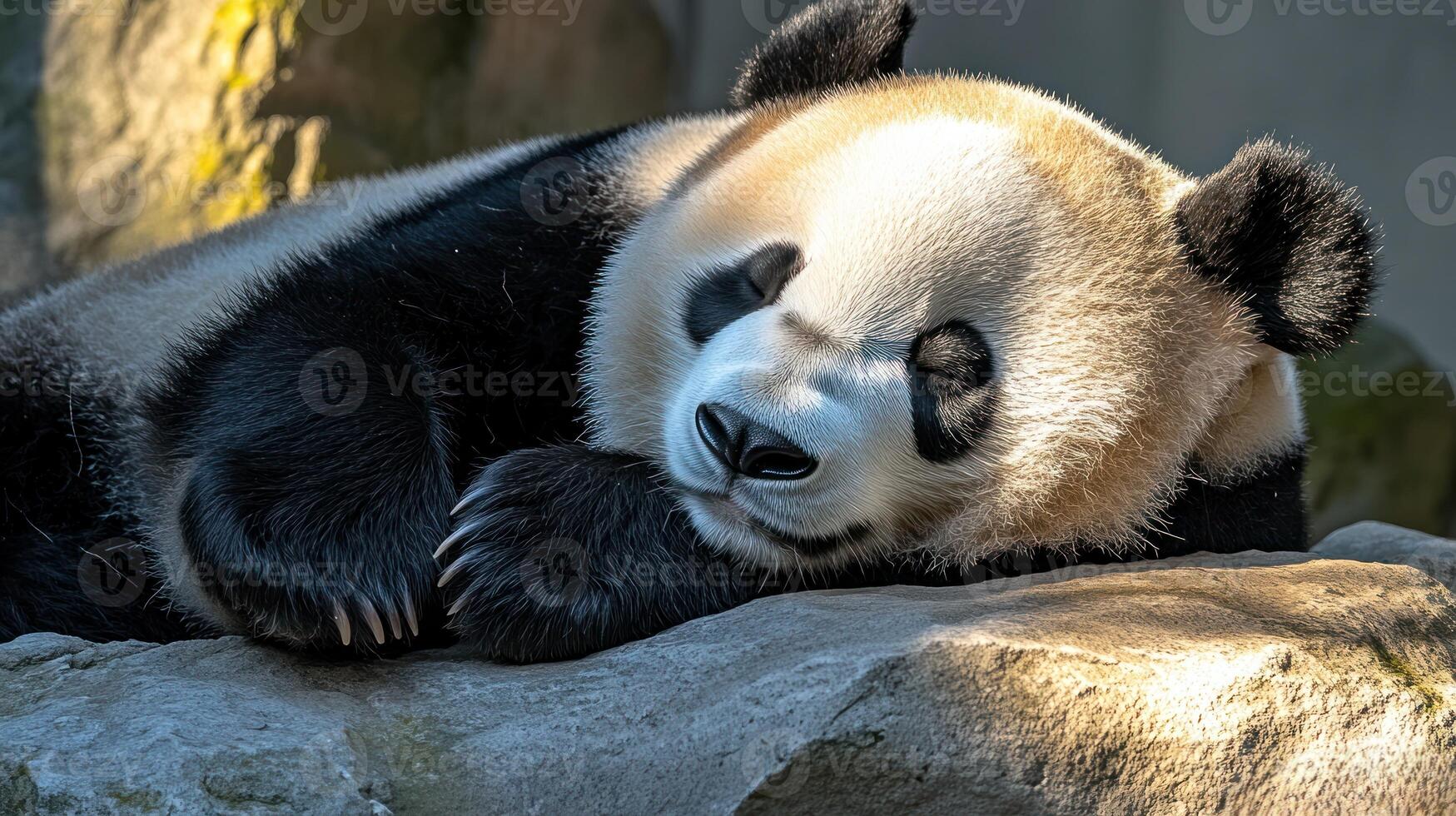 A giant panda enjoys a restful nap on a smooth rock, surrounded by nature photo