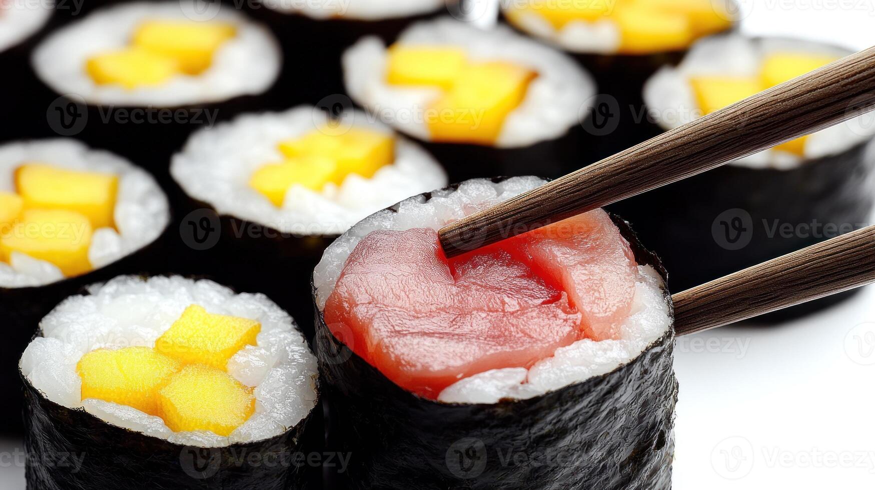 Chopsticks delicately pick up a sushi roll filled with bright tuna and mango photo