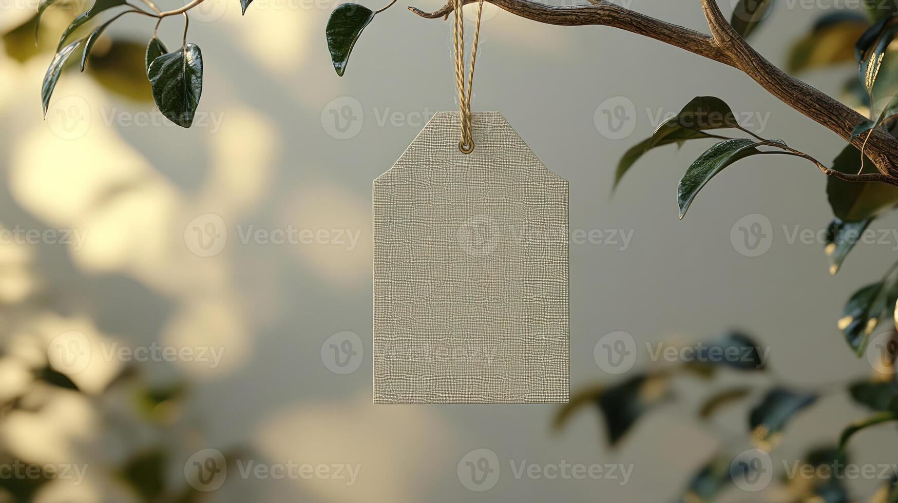 A simple tag dangles from a branch, illuminated by soft, golden light photo