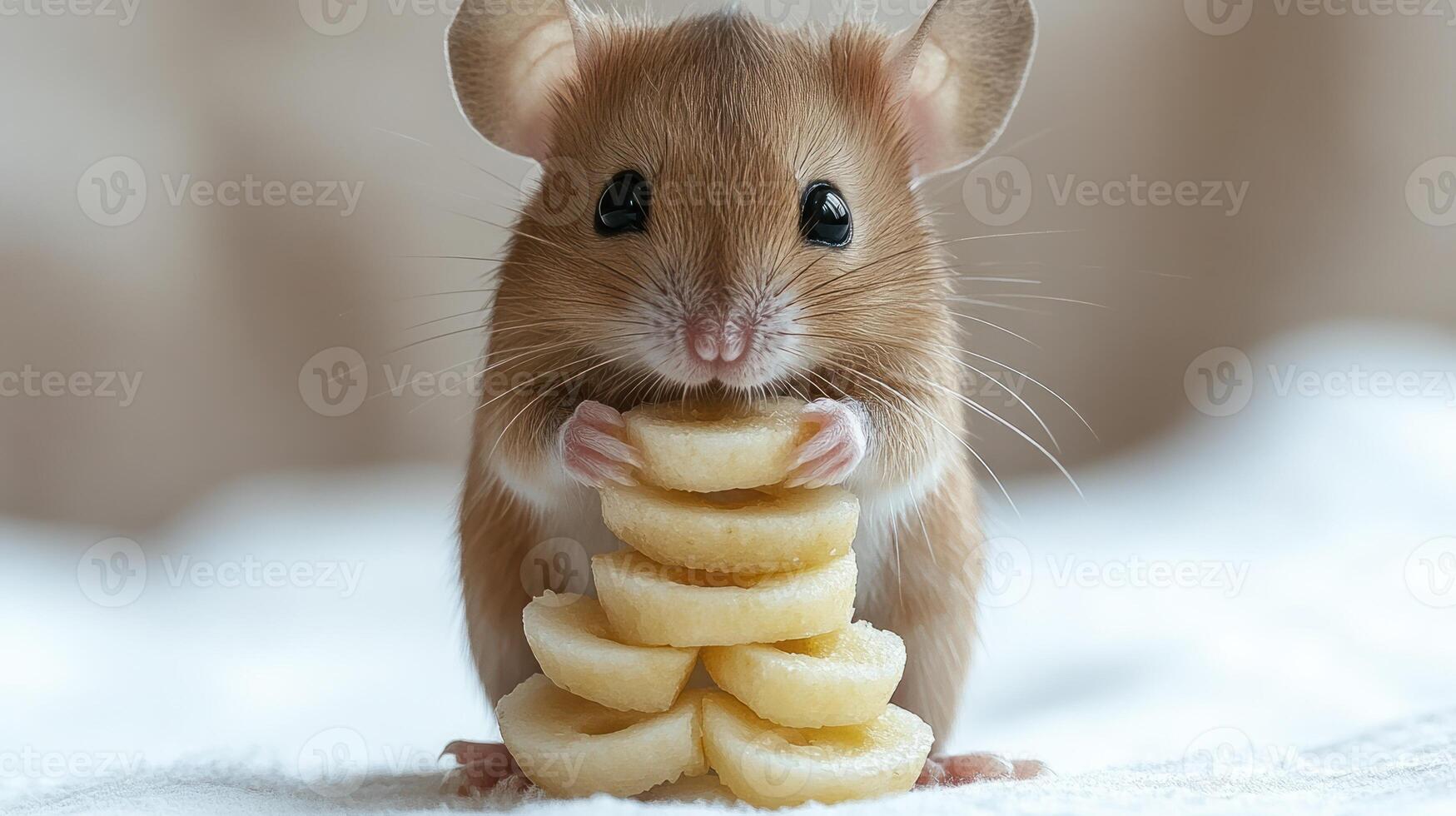 A tiny mouse clutches banana slices in a delightful display of balance and joy photo