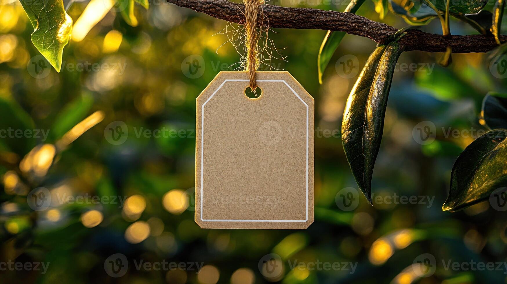 A blank label hangs from a lush branch, illuminated by warm golden sunlight photo