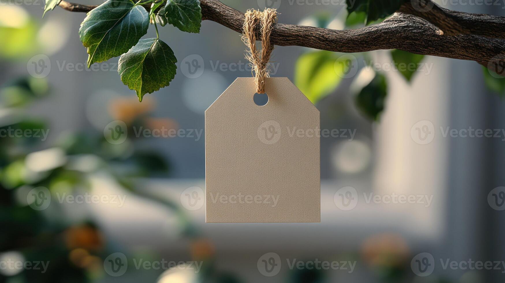 A simple tag dangles from a branch, surrounded by lush greenery and soft sunlight photo