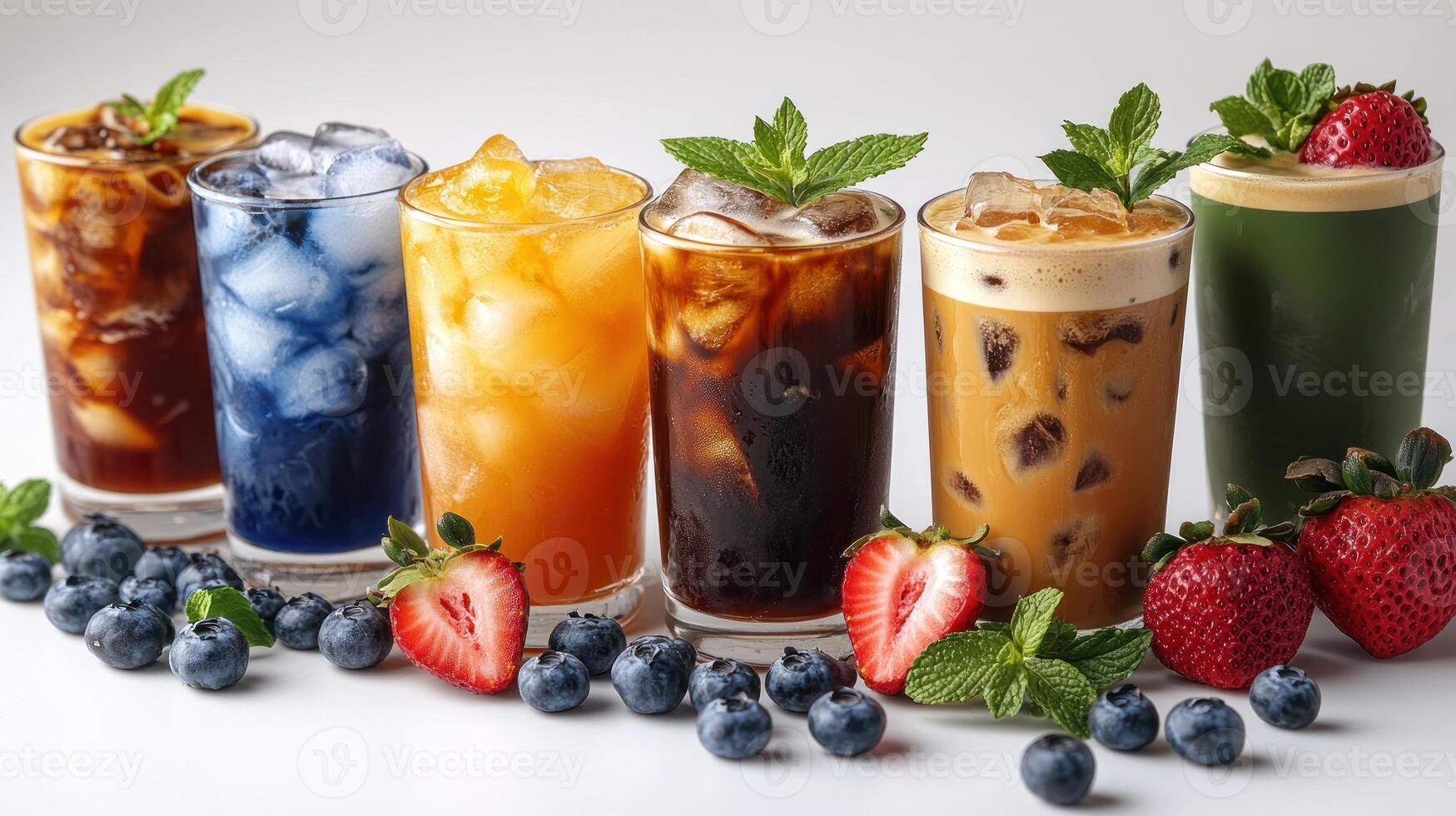 A vibrant array of iced drinks beautifully presented with fresh berries and mint photo