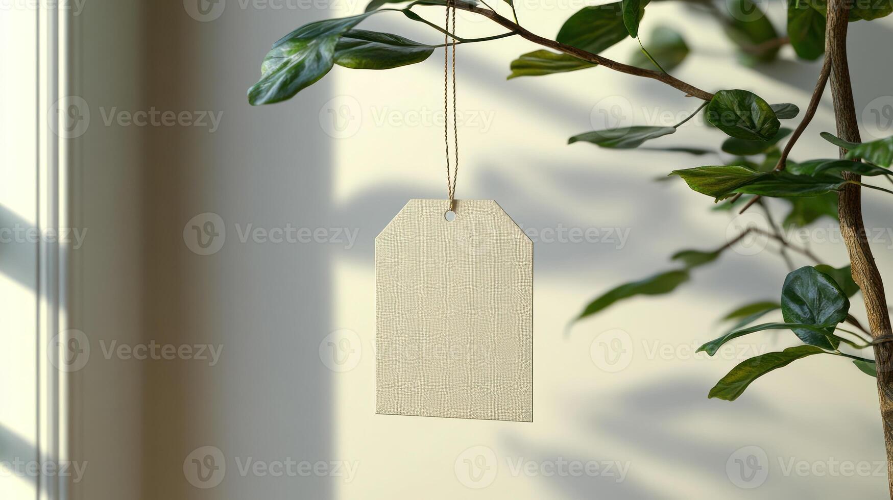 A simple, empty tag sways softly from a branch, illuminated by warm sunlight photo