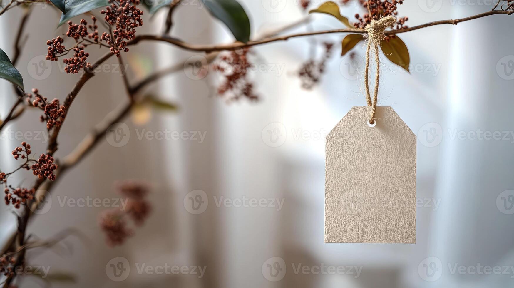 A simple tag hangs gracefully from a branch, surrounded by soft natural elements photo