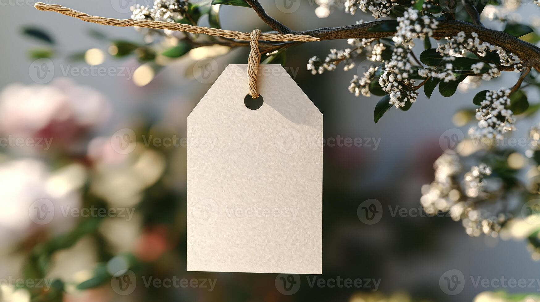 A blank tag dangles from a branch surrounded by blooming flowers under the sun photo