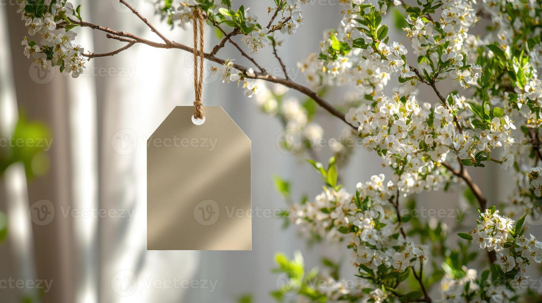 A blank tag dangles from a flowering branch in a serene garden setting photo