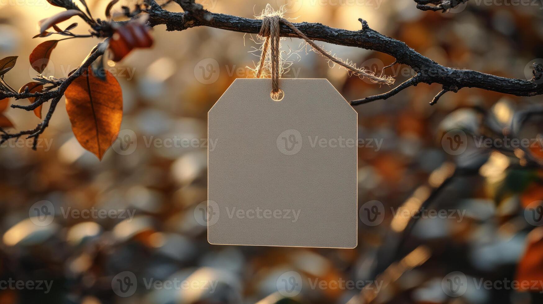 A rustic tag sways softly from a tree branch surrounded by colorful autumn foliage photo
