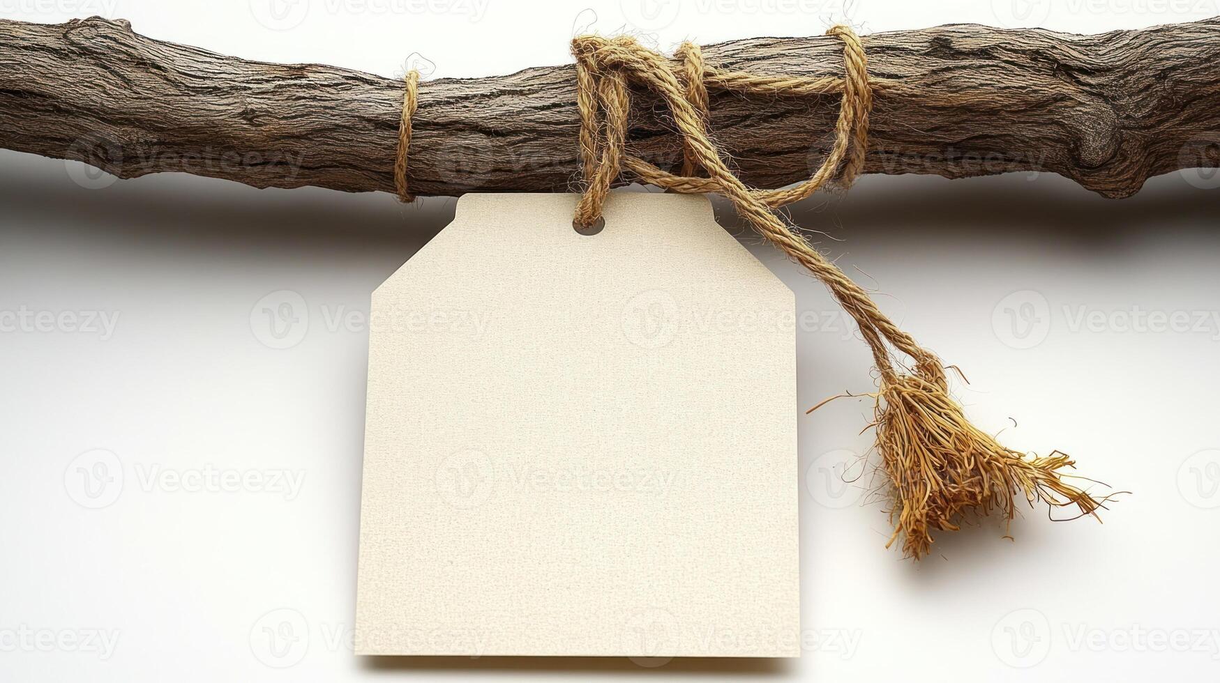 A wooden stick holds a blank tag tied with twine, exuding rustic charm photo