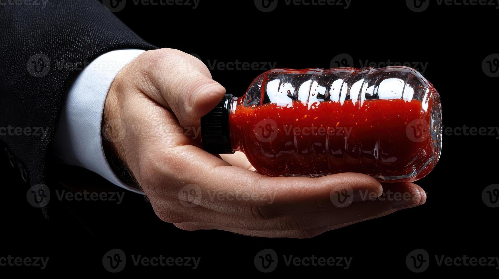 A stylish hand presents a bottle filled with rich red sauce, exuding sophistication photo