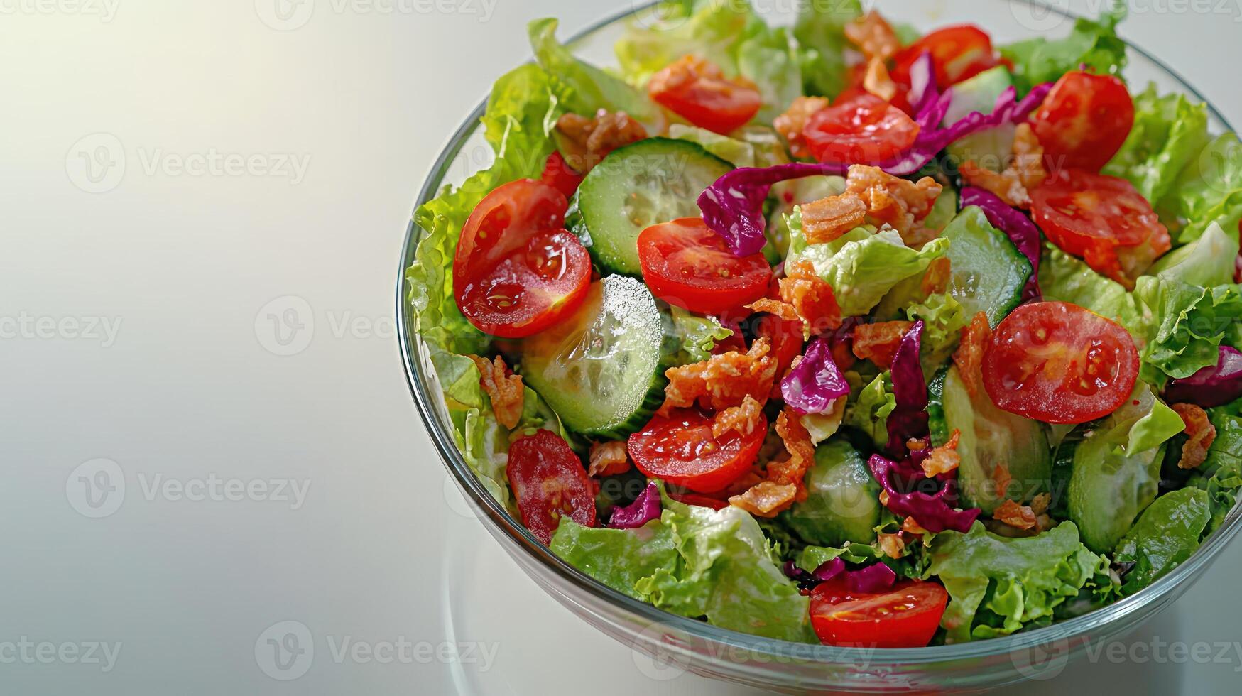 A delightful mixture of greens, tomatoes, and cucumbers fills a clear bowl photo