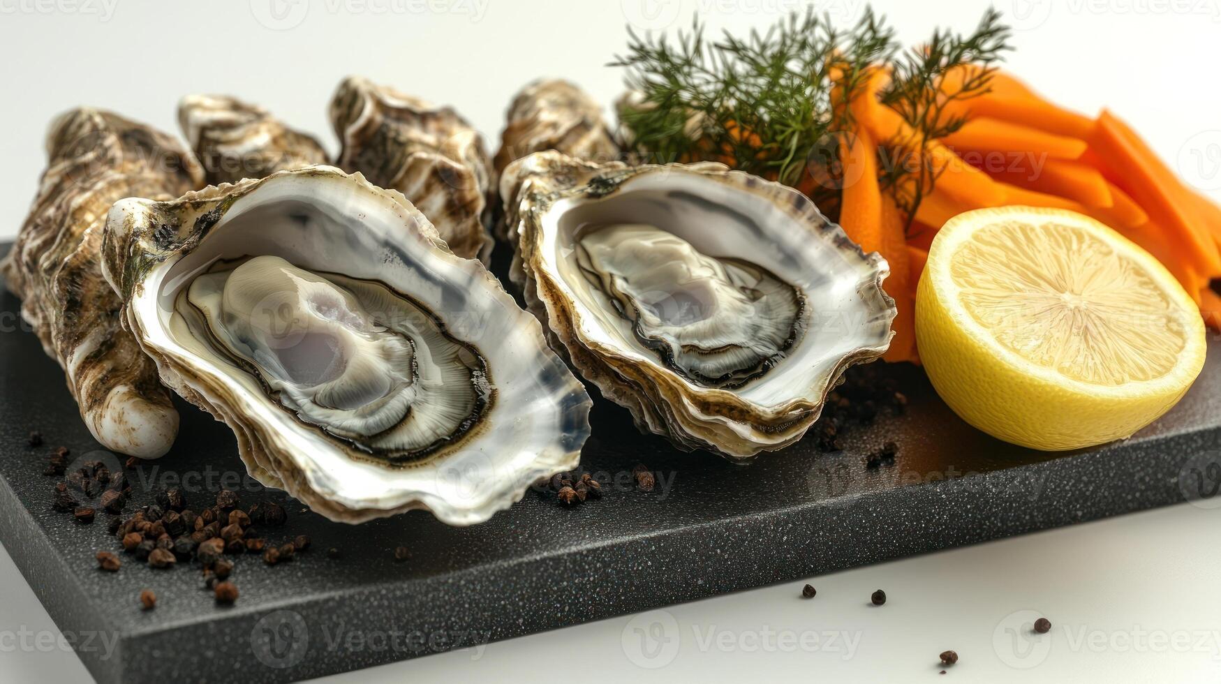 Fresh raw oysters garnished with lemon and bright carrots make an appealing dish photo