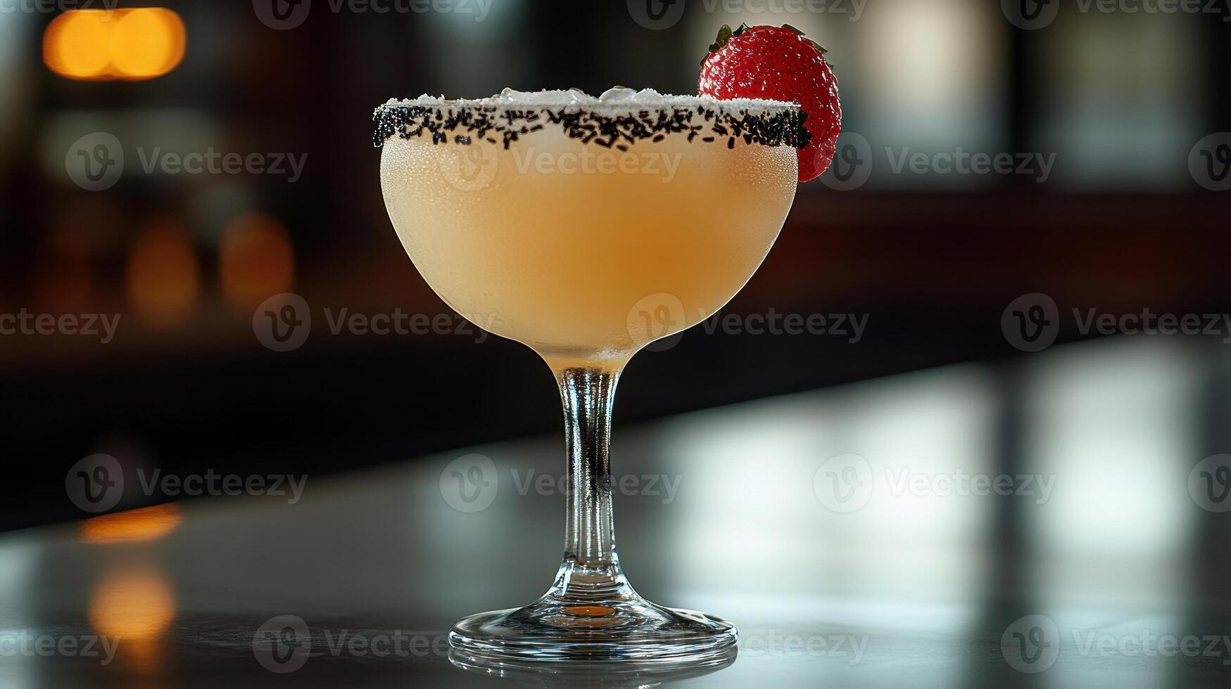 Delightful cocktail gleams under warm lighting with a raspberry on the rim photo