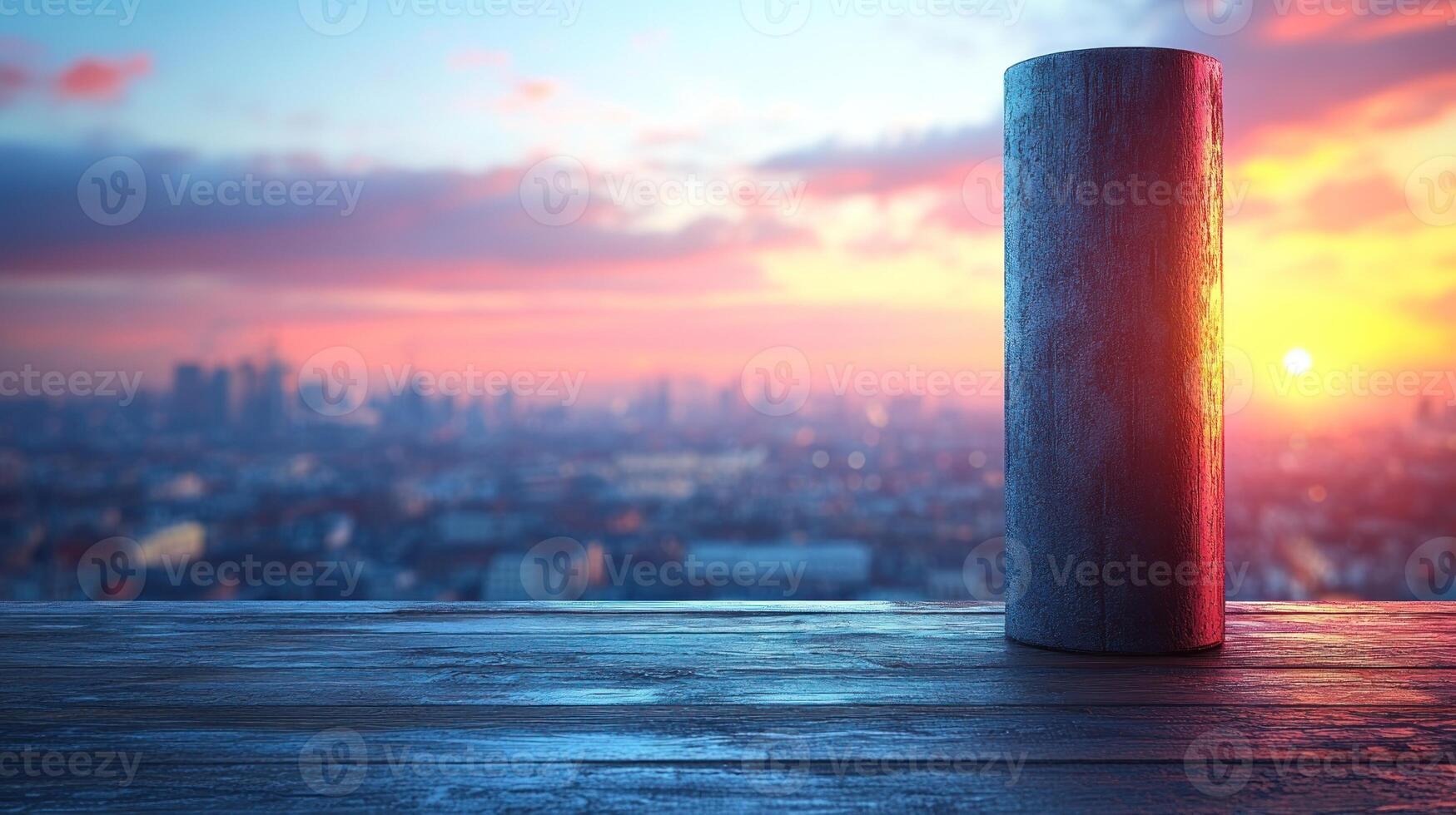 The sun sets over a bustling city, glowing on a cylindrical object on a ledge photo