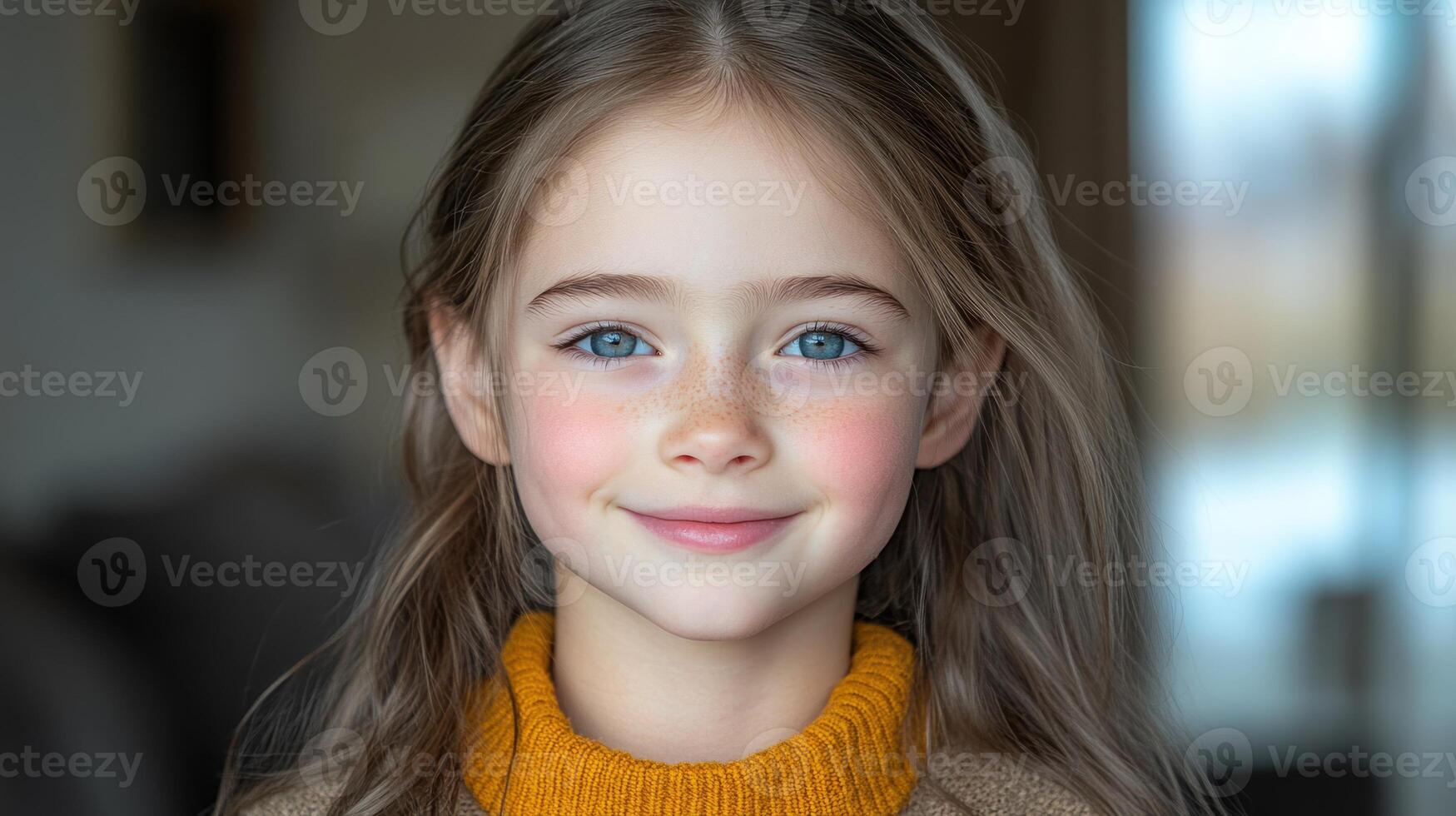 A cheerful child with bright eyes and a warm smile radiates happiness indoors photo
