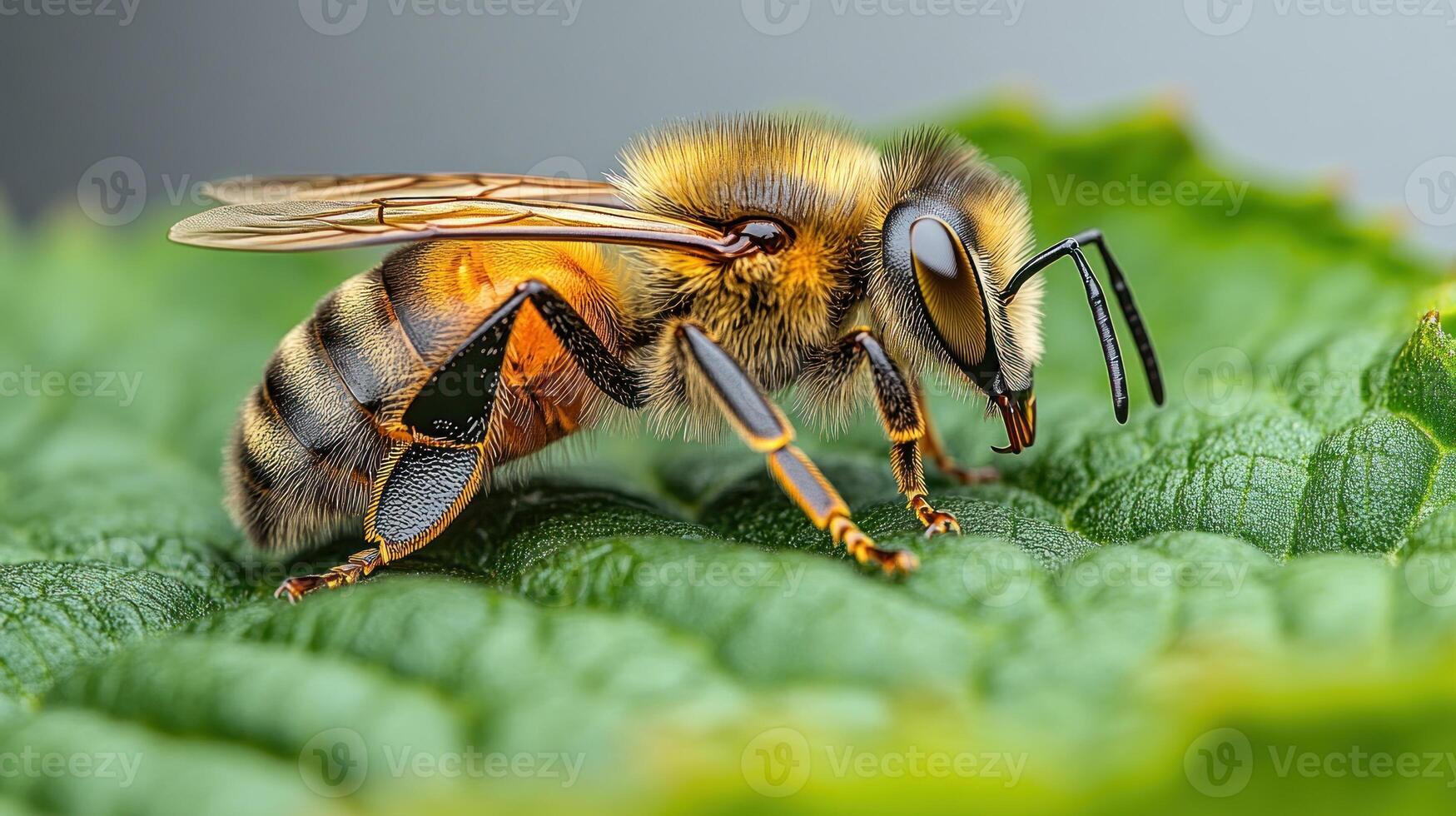 A honeybee explores a lush green leaf, basking in the warm sunlight of midday photo
