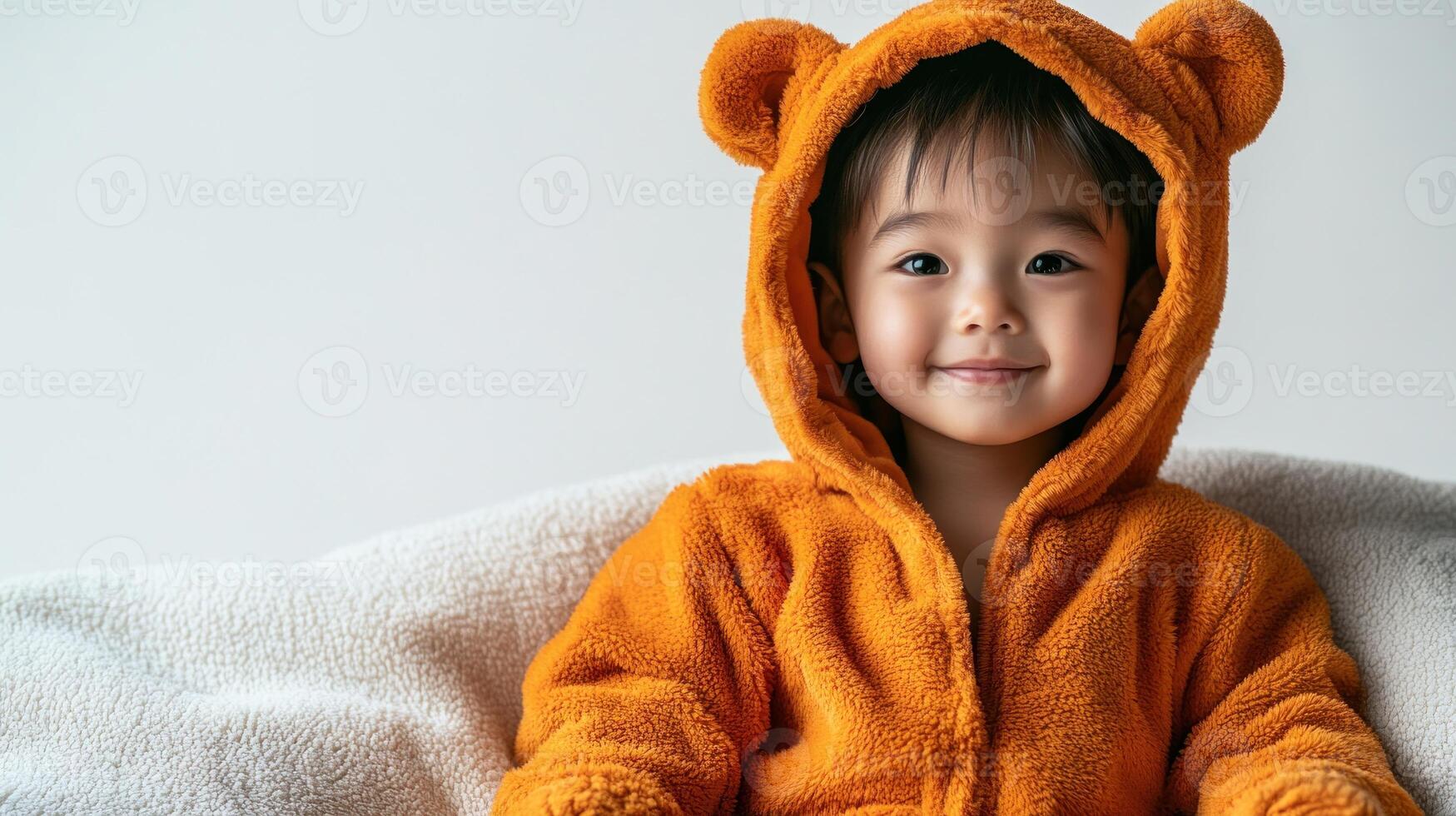A delighted young child wearing a cozy orange bear outfit enjoys a serene moment photo