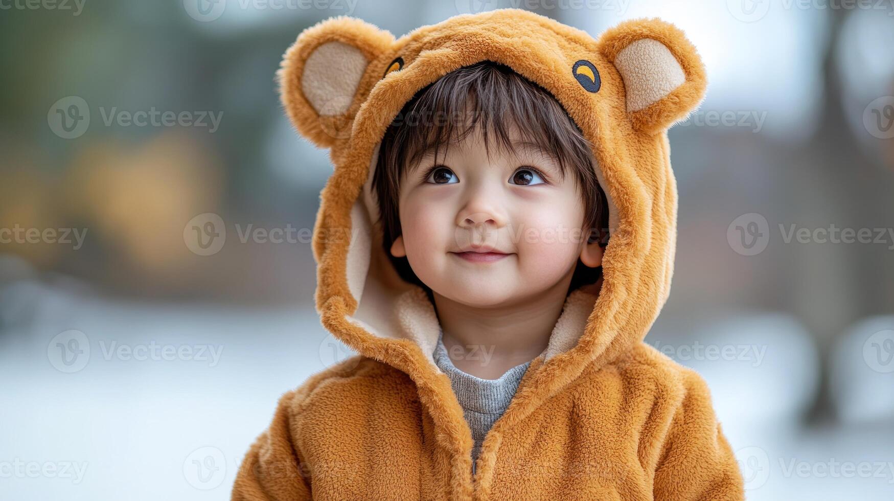 A cheerful little one gazes upward, wearing a cozy bear outfit in a bright atmosphere photo
