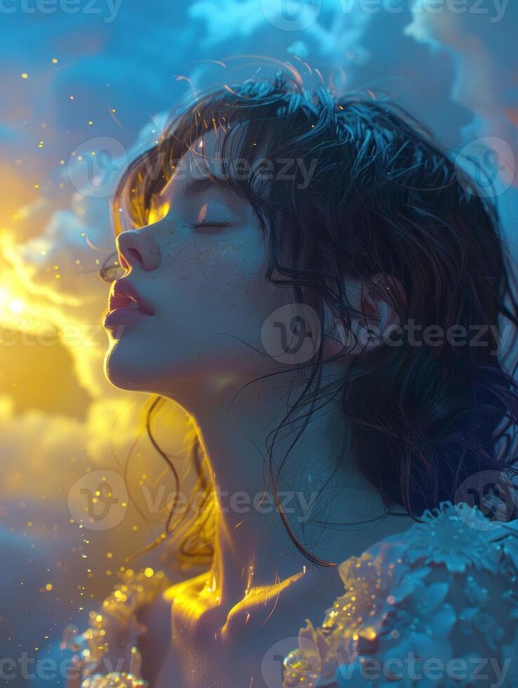 A woman with closed eyes looks up at the sky, bathed in a golden glow photo