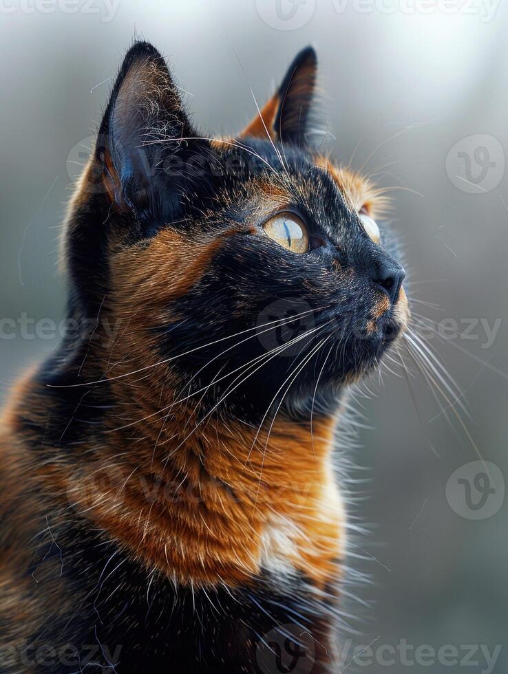 A close-up portrait of a tricolored cat with a curious expression photo