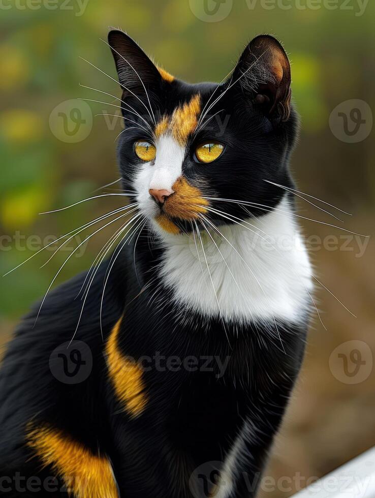 A black, white, and orange cat sits alertly, looking out into the distance photo