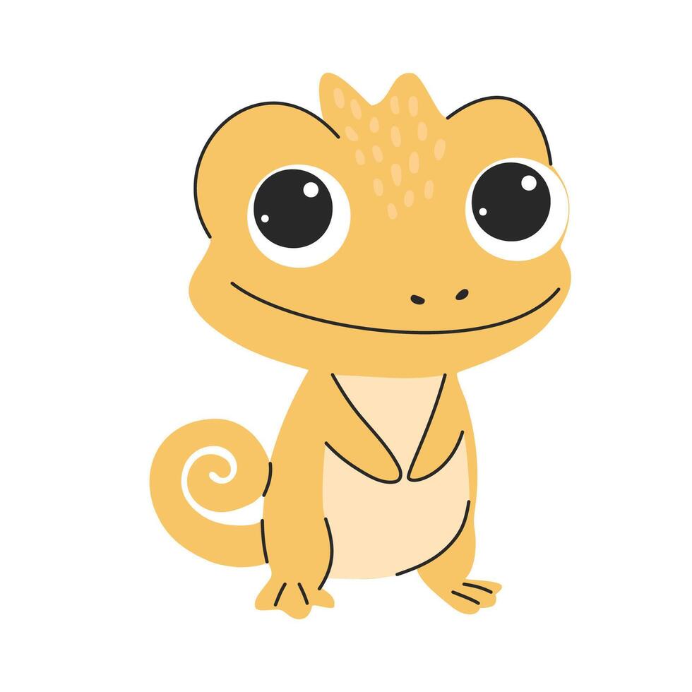 Cute cartoon chameleon isolated on white background. Flat illustrations in simple child style vector
