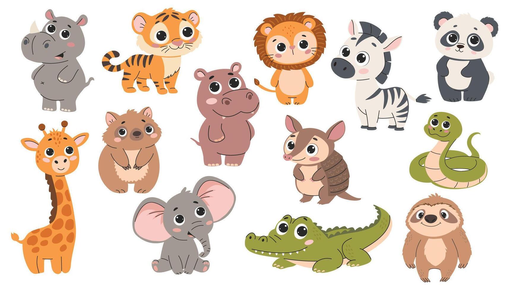 Set of cute cartoon animals isolated on white background. Lion, tiger, crocodile, panda, koala, snake, sloth, armadillo, rhinoceros, hippopotamus, giraffe, elephant, wombat. vector