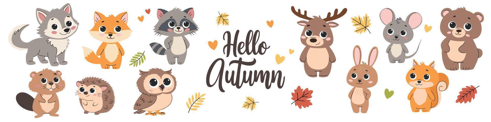 Set of cute forest animals, fall leaves and lettering Hello autumn. Bear, mouse, fox, hedgehog, squirrel, raccoon, beaver, hare, elk, deer, wolf, owl. illustration. vector