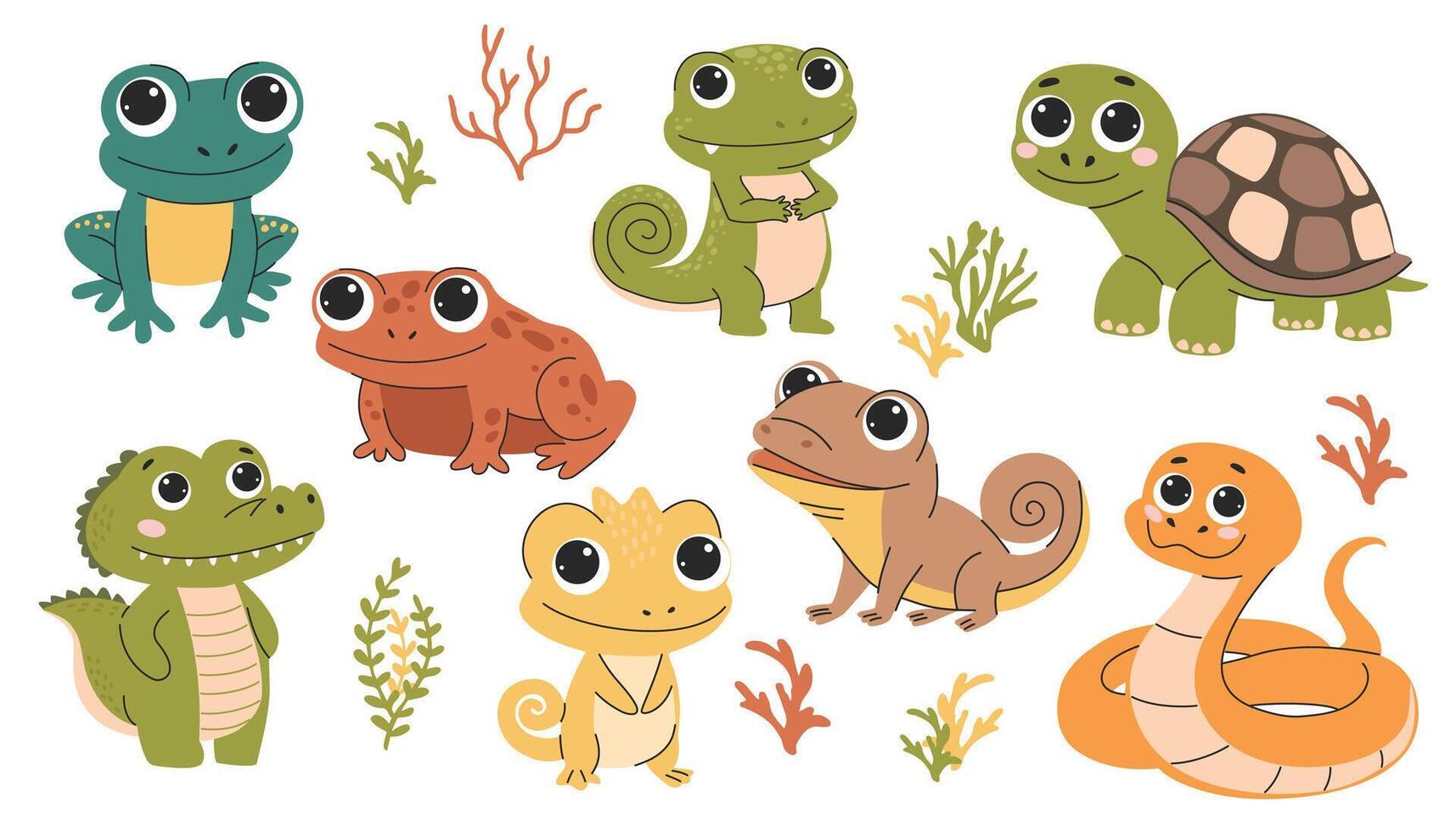 Set of reptiles and amphibians. Cute cartoon frog, snake, crocodile, snake, turtle, iguana. Children's style. illustration. vector
