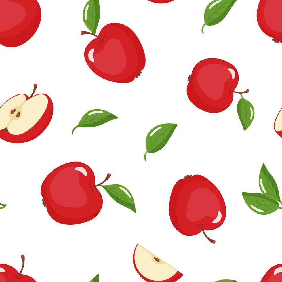 seamless pattern red apples with leaves vector
