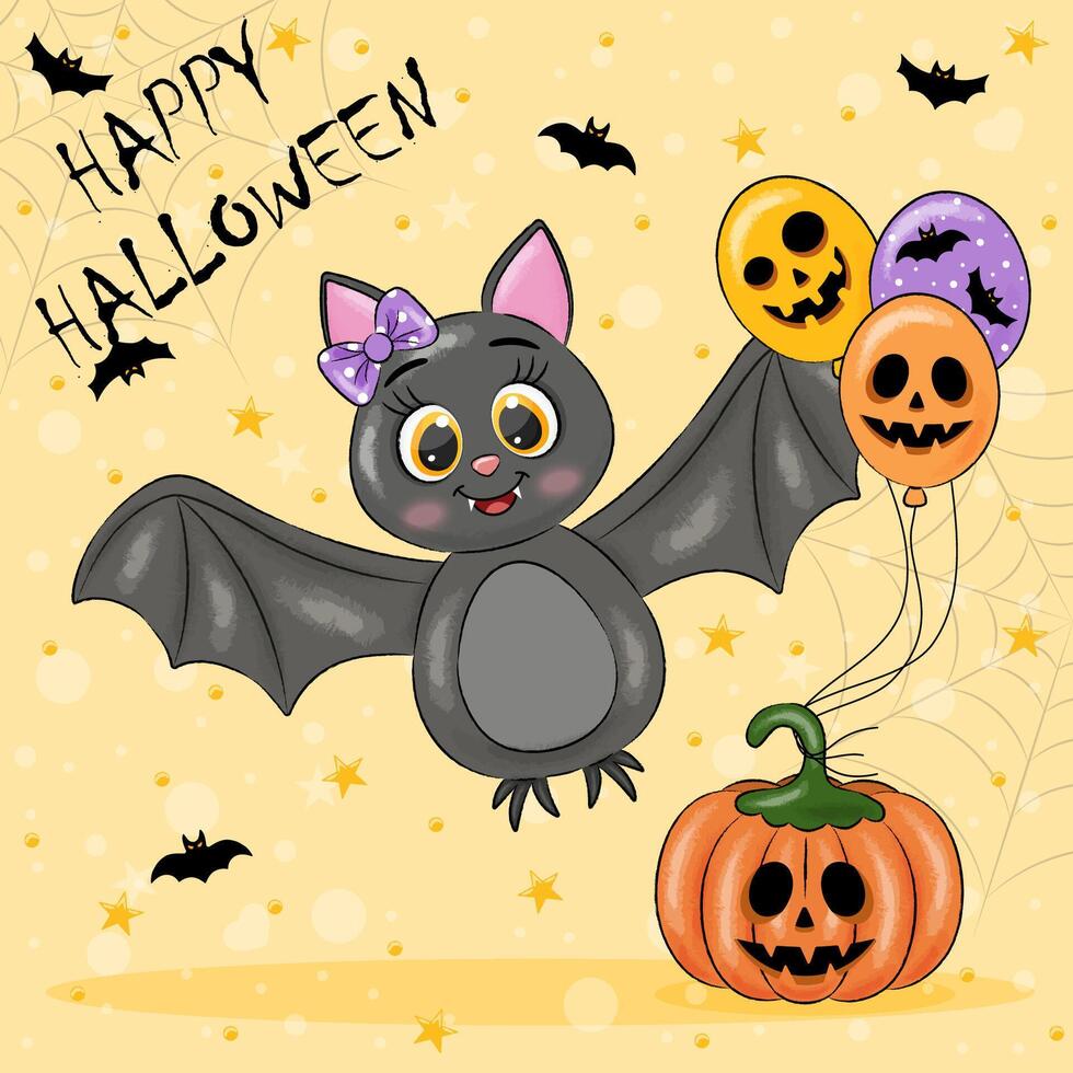 Halloween holiday card. cute bat, pumpkin and balloons vector