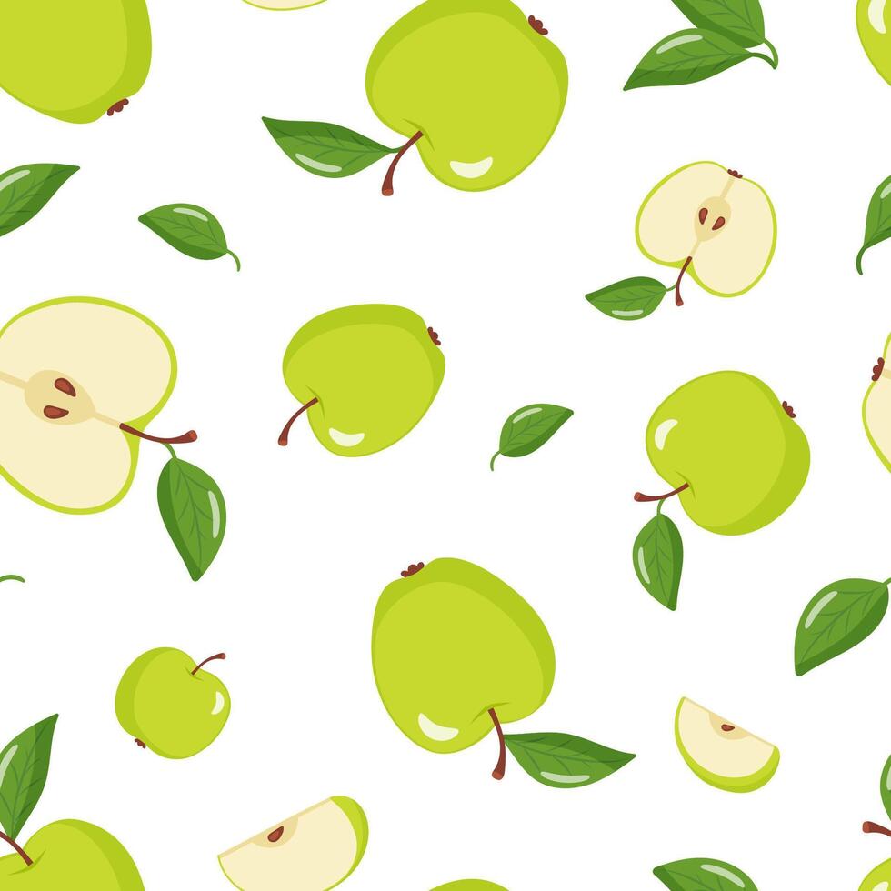 seamless pattern green apples with leaves vector