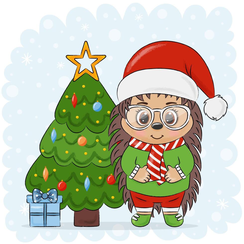 Christmas card hedgehog in santa claus hat with fir tree vector