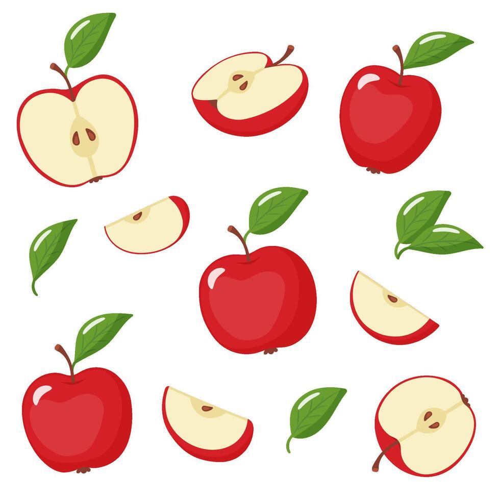 set of green red apples with leaves vector