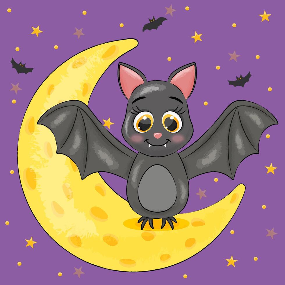 halloween holiday card .cute bat sits on the moon vector